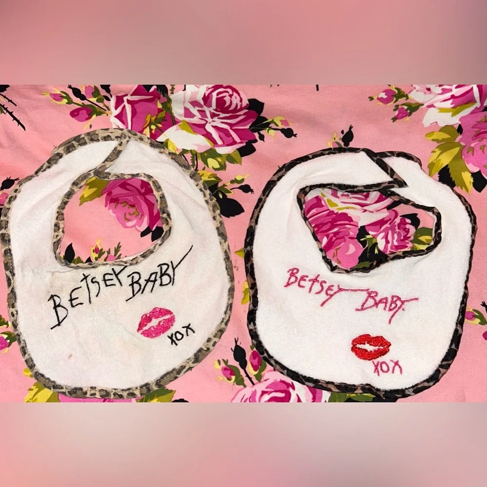 Betsey Johnson baby bibs pink black leopard embroidered xox vintage kids cute